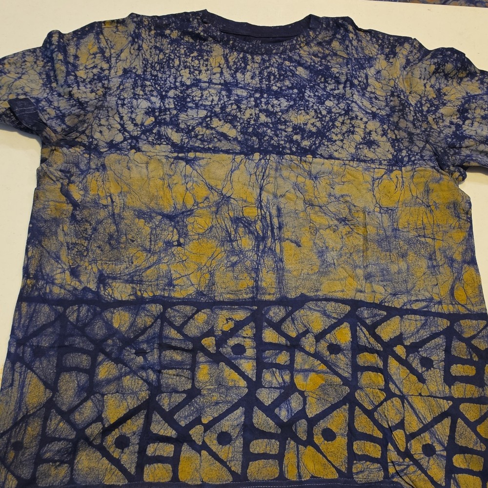 Men’s S Blue Yellow Tie-Dye Colorful Cotton Knit Crew Neck Short Sleeve Tee
