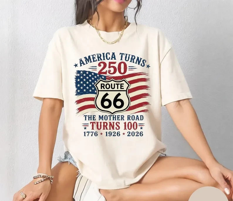 Route 66 100 Years & America 250 T-Shirt, USA 250th Anniversary Gift