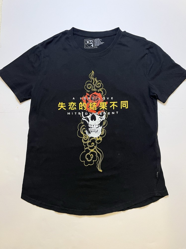 DK Black Men’s Skull Rose Graphic T Shirt Large Goth Streetwear Japanese Text L