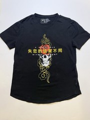 DK Black Men’s Skull Rose Graphic T Shirt Large Goth Streetwear Japanese Text L
