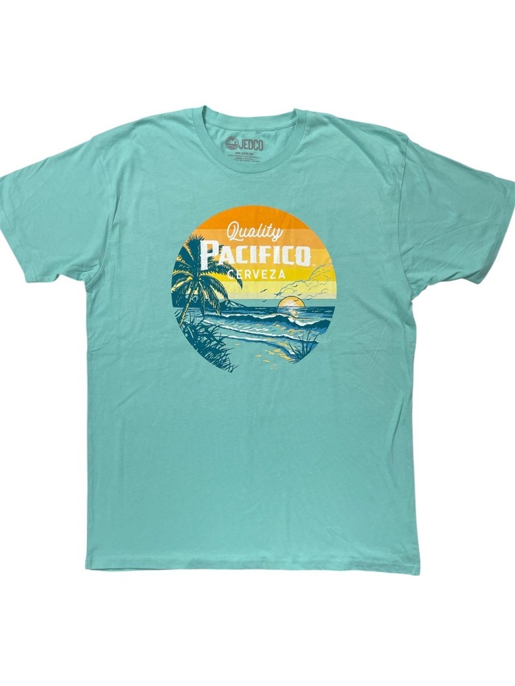 Pacifico Cerveza Beer Beach Party Ocean Aqua Green T-Shirt Adult Large