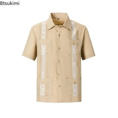 2026 Men’s Guayabera Shirts Zipper Lapel Traditional Casual Short Sleeve Shirt F