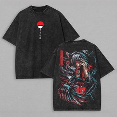Vintage Washed Black Itachi Uchiha Graphic T Shirt Men Women Oversized Retro
