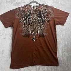 Vintage Affliction T-Shirt Mens XL Brown Los Angeles Cross Goth Wings Grunge Y2K