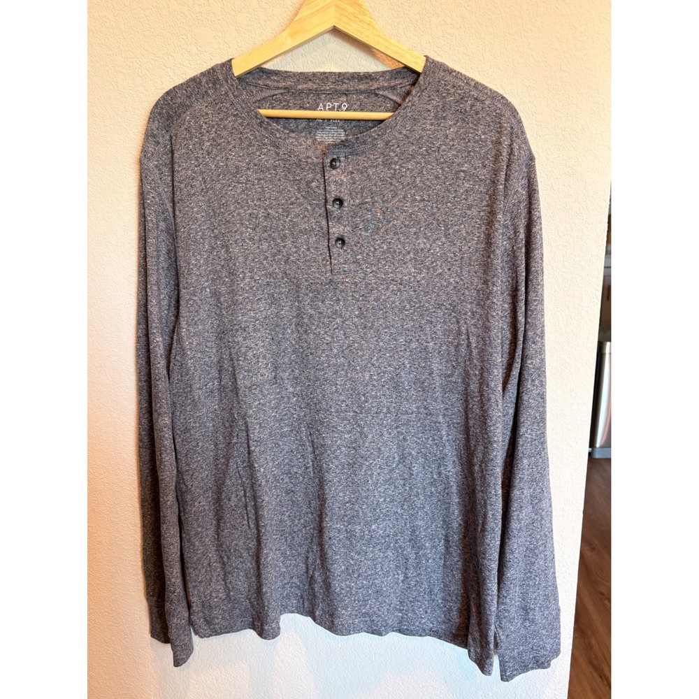 Apt 9 Premier Flex Mens XL Henley Shirt Long Sleeve Gray Heathered Cotton Blend