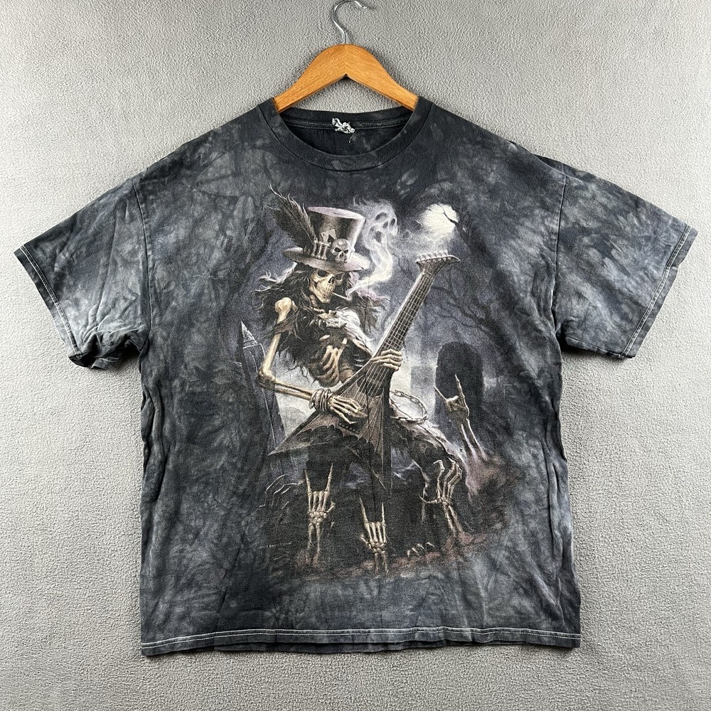 Vintage Skeleton Shirt Mens XL Gray Tie Dye Skull Guitar Player Metal Music Y2K