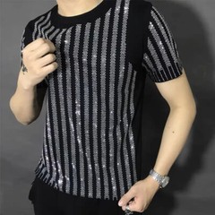 New Men Luxury Diamond Rhinestones Fashion Black T-Shirt High Quality