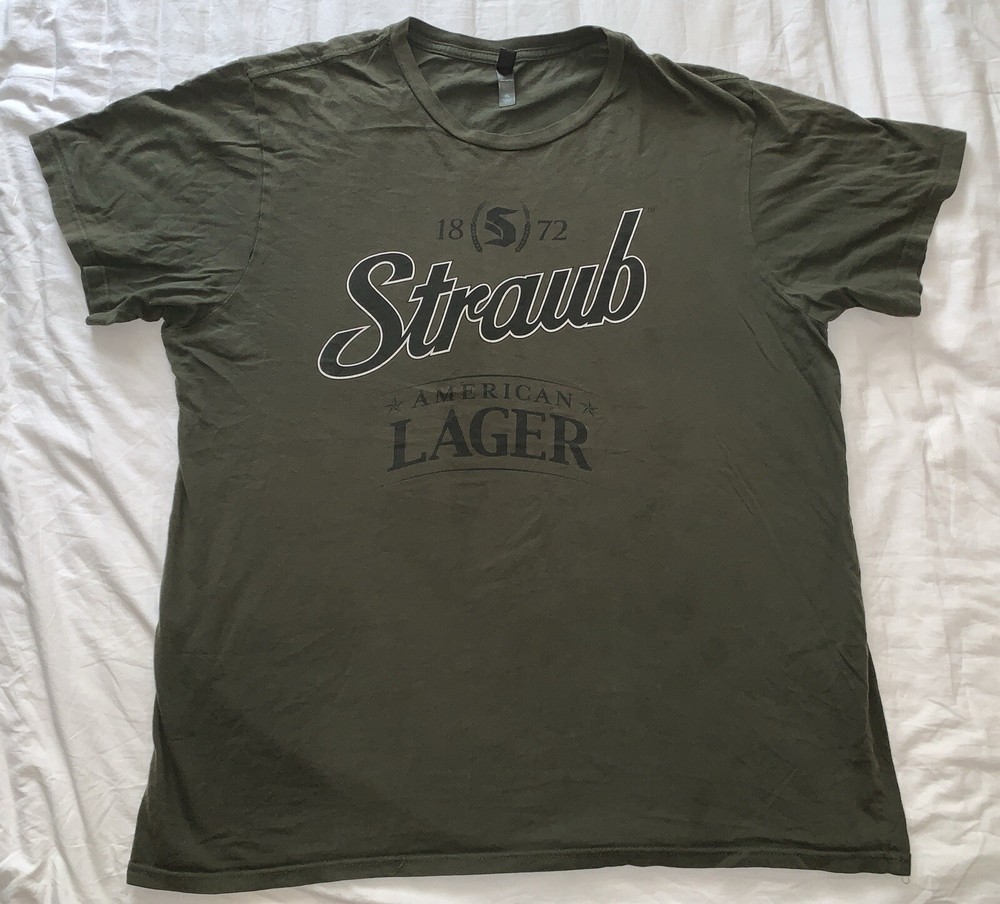 Straub American Lager 1872 Men’s XL olive-green t-shirt District Made 24 by 29.5