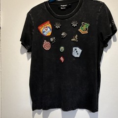 Desigual Joy Is Now Black Graphic Tee XL Crew Neck Short Sleeve Patch Beaded