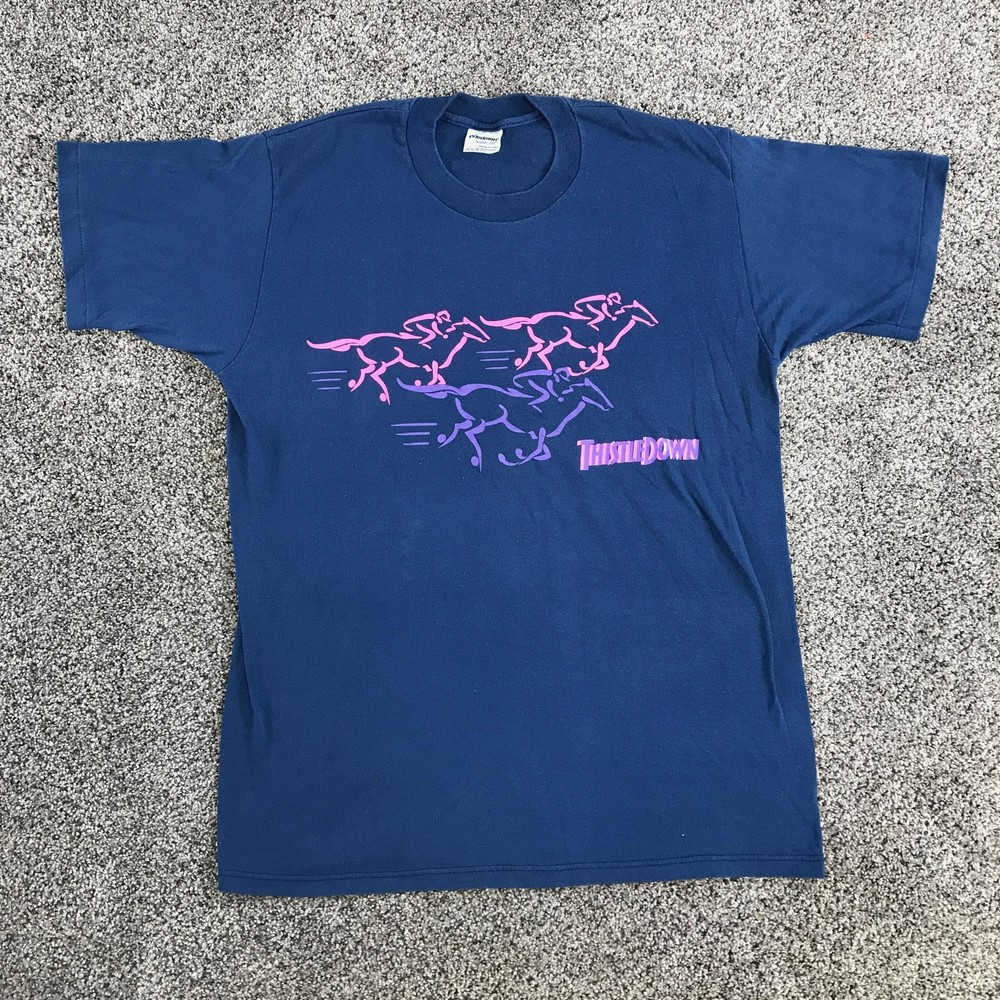 Vintage Thistledown Horse Racing Track T Shirt Mens Large Blue Purple Graphic