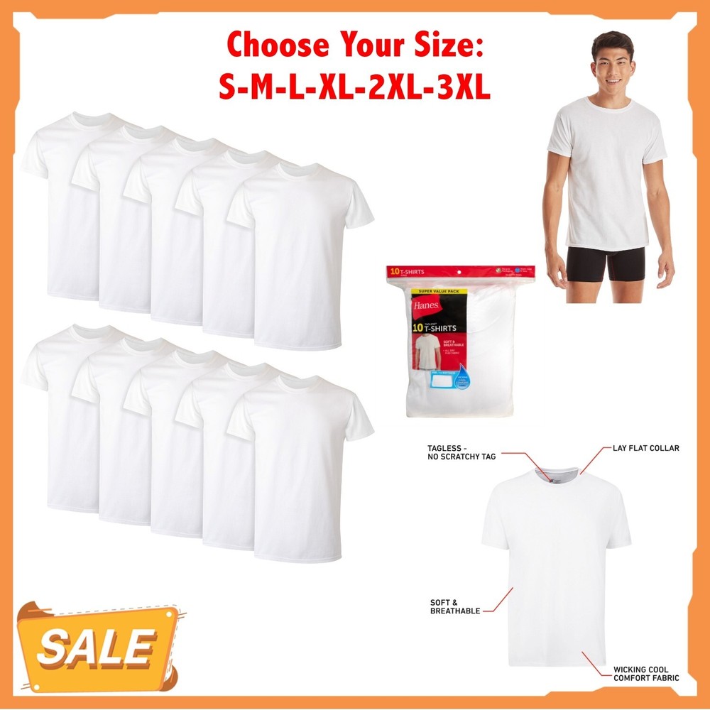 Hanes 10-Pack Men Tee T-Shirt ComfortSoft White Crewneck Undershirt Short Sleeve