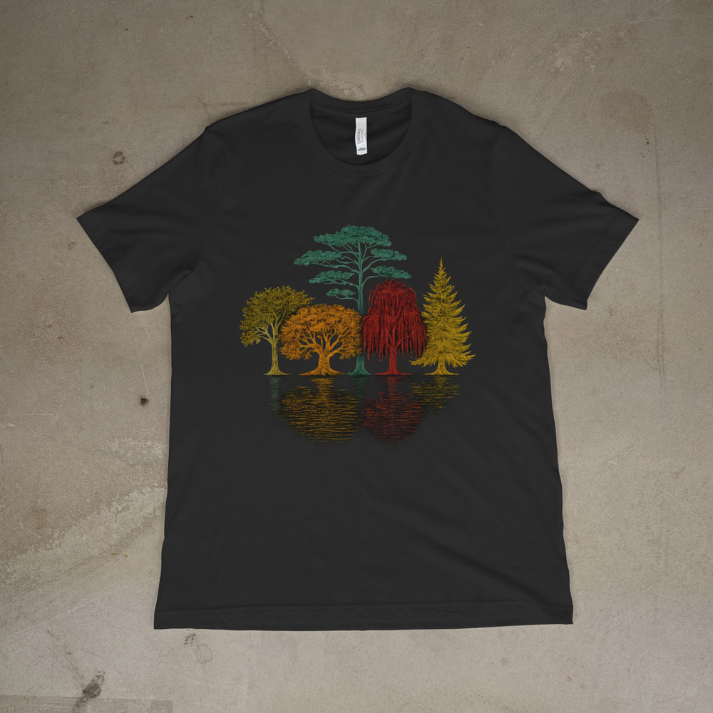 Forest Trees Reflection T Shirt Nature Scene Graphic Tee Outdoor Art Unisex