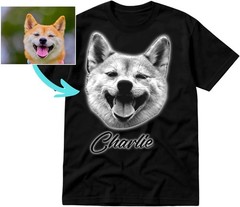 Personalized Pet Portrait T-shirt Custom Dog Cat Face and Name Photo Gift Tee