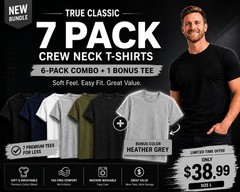 🔥 True Classic 7-Pack Crew Neck T-Shirts | Size L | + Bonus H.Grey Tee
