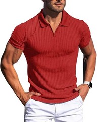 Mens Slim Fit Ribbed Knit Polo Shirt Short Sleeve V Neck Casual Muscle Tee Top