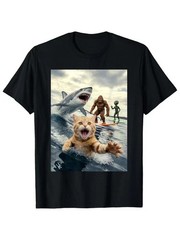 Men’s Surfing Cat & Shark T-Shirt – Short Sleeve Round Neck Shirt