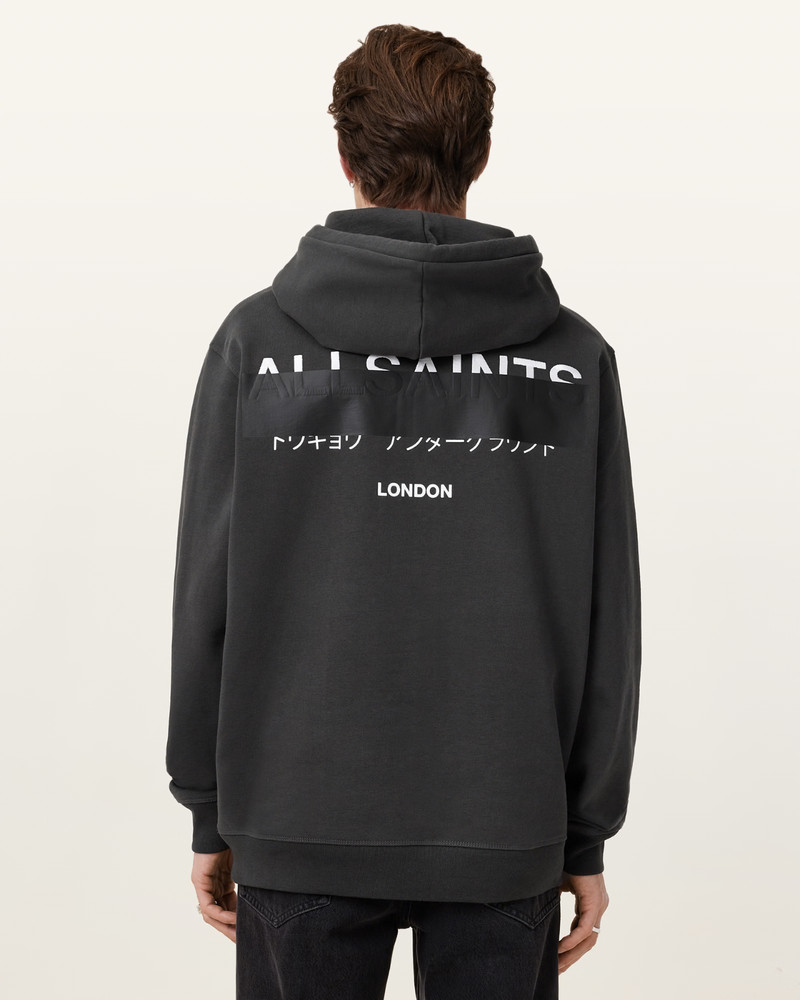 All Saints Mens Redact Washed Black Hoodie Relaxed Fit Embroidered Sweatshirt