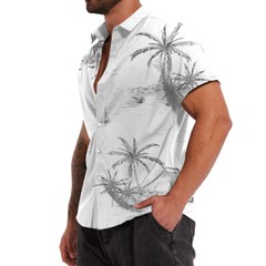 Button Down Shirts Men Black White Hawaiian Dress Short Sleeve Party Up Soft Tee