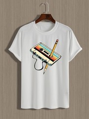 Men Retro Cassette Print T-Shirt – Casual Crew Neck, Slight Stretch, Summer Top√