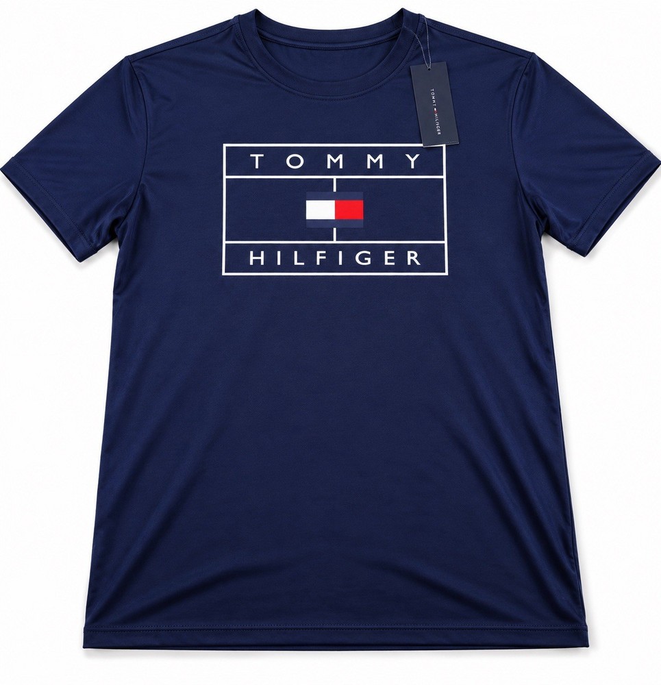 Tommy Hilfiger Men’s Blue Graphic Print Crew Neck Short Sleeve Logo T-Shirt, L