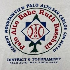 1998 Palo Alto Babe Ruth Baseball T-Shirt Mens XL White Baylands San Mateo Youth