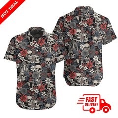 Mens Skull Skeleton Floral Hawaiian Shirt Aloha Button Down Short Sleeve Black