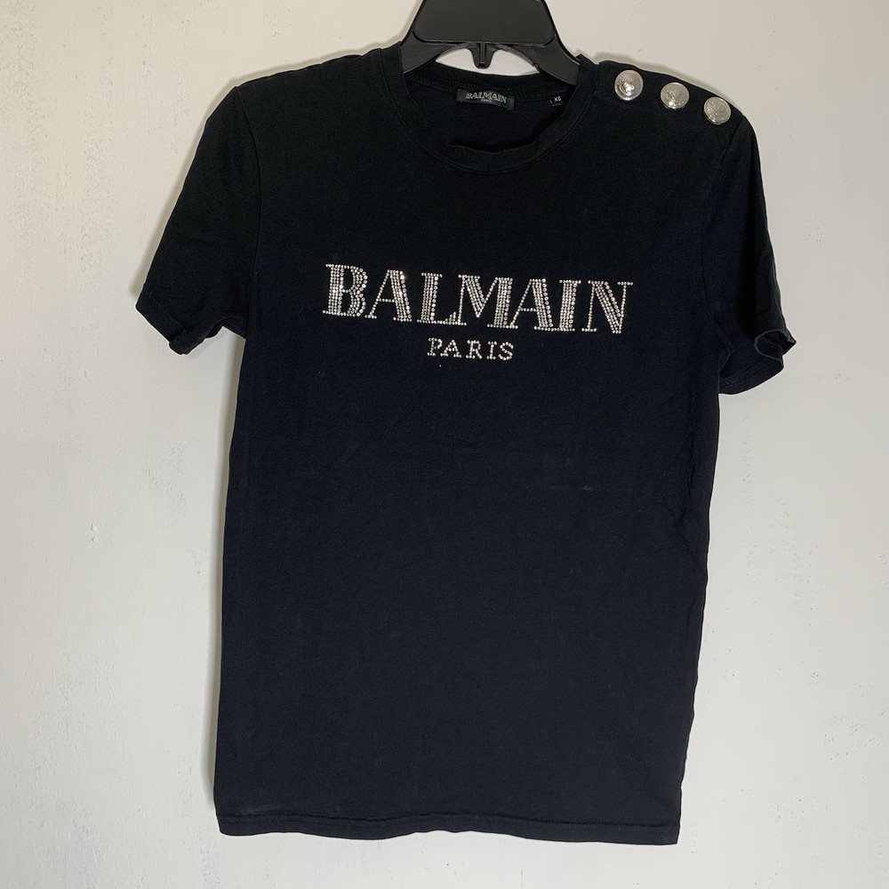 Balmain – Logo T Shirt Rhinestone Buttons – Black – Size: XS