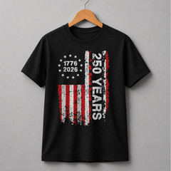 US 250 Years Semiquincentennial T-Shirt 1776 2026 American Flag Black Cotton Tee