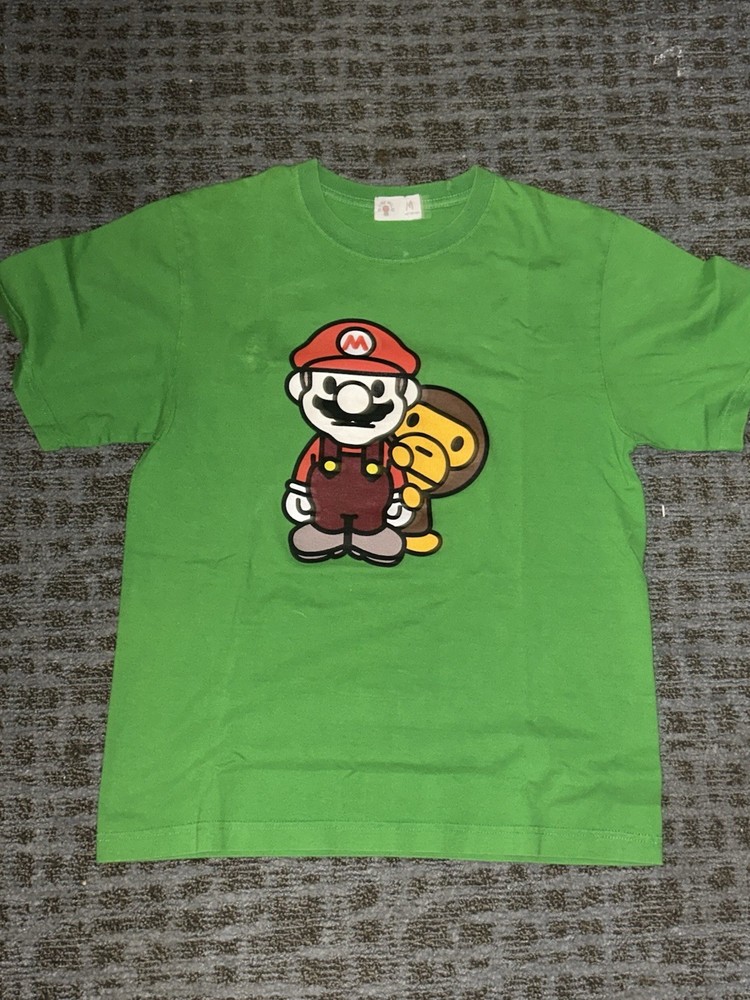 Mens M A Bathing Ape Baby Milo & Super Mario 🔥 Green Shirt NWOT SUPER RARE