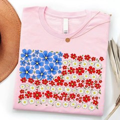 Floral American Flag Shirt 4th of July Patriotic Wildflower USA 250th Unisex Tee