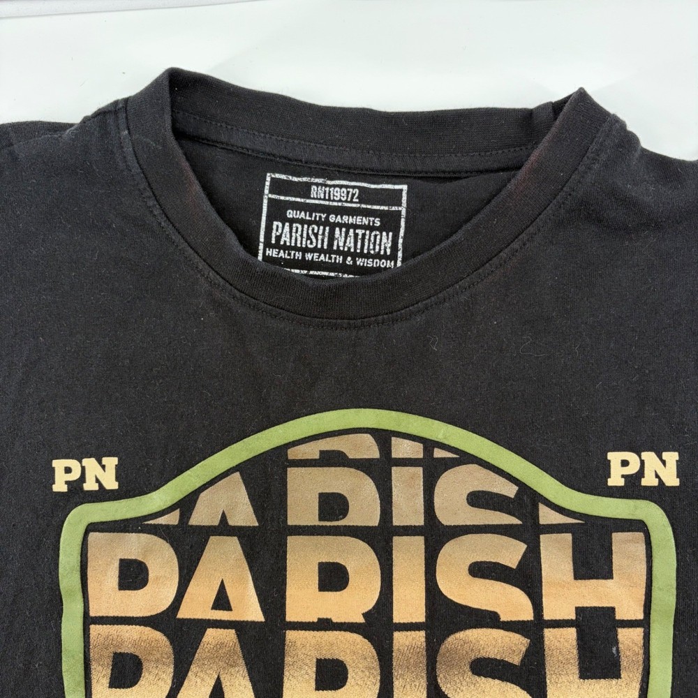 Parish Nation Mens Graphic T-Shirt Black Short Sleeve Shield Logo Cotton Large