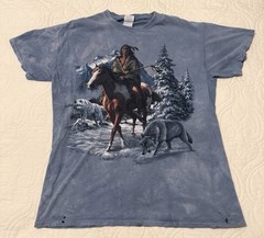 Native American Wolf Vintage Men’s Shirt Back To Earth Tie Dye Blue1990s *READ