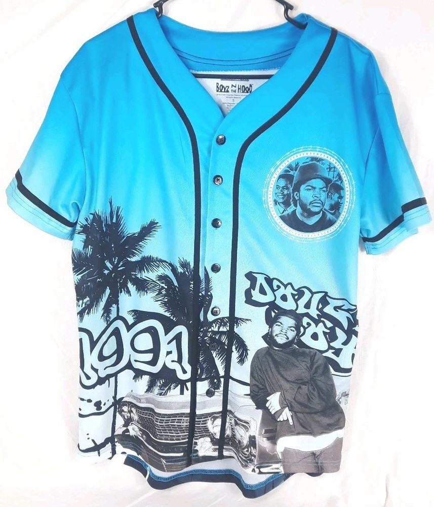 Boyz N The Hood Jersey Shirt Mens Small Button Front Blue Black Short Sleeve