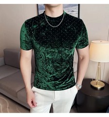 Summer Velvet Pleated Hot Stamping T-shirt for Men’s Fashion Versatile Slim Fit