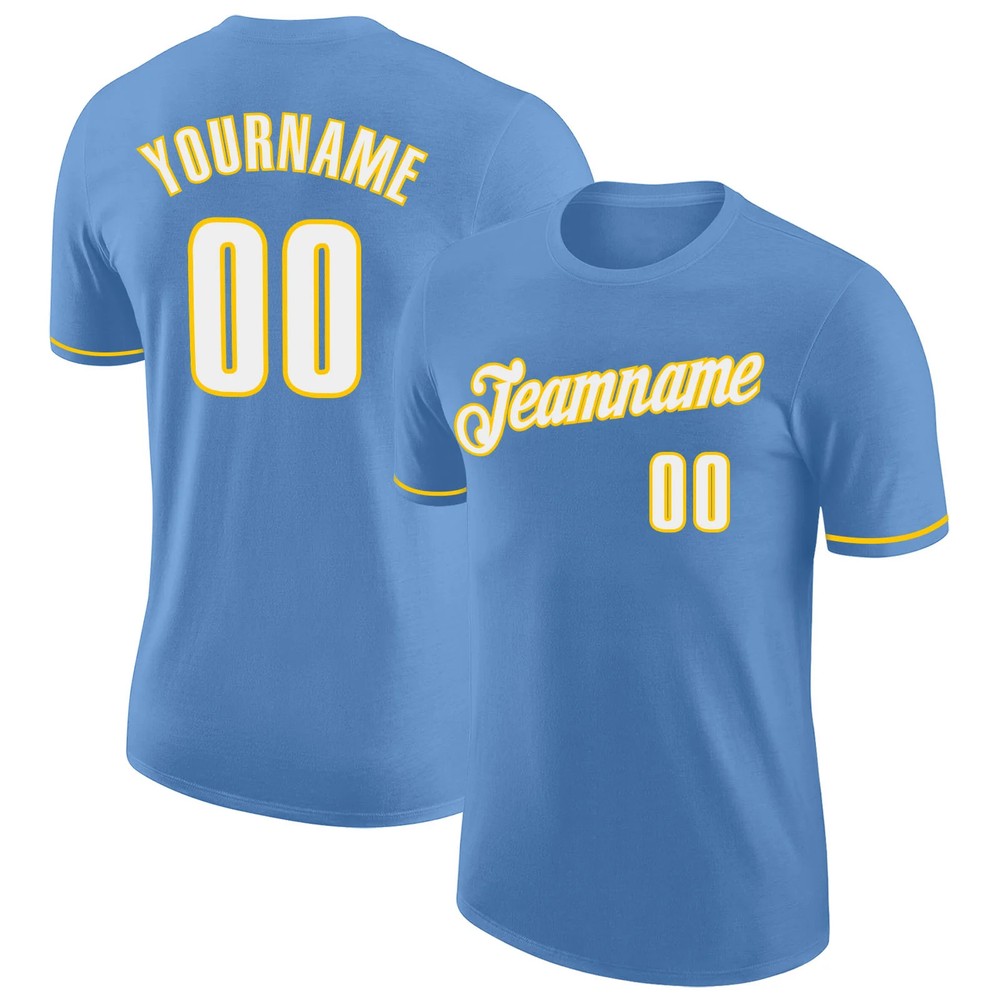Custom Light Blue Gold Performance T-Shirt Personalized Team Jersey Gift for Men
