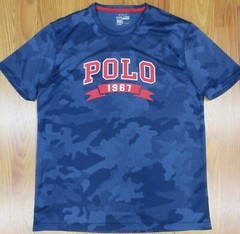 POLO RALPH LAUREN POLYESTER T-SHIRT NAVY BLUE, RED & WHITE Sz MEDIUM, M