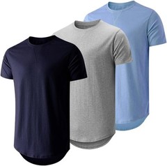 Mens 3 Pack Cotton Longline Crewneck T-Shirts Casual Hipster Fit Tee Set