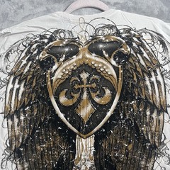 Affliction Cross Wings Shirt Mens XL White Gold Y2K Gothic Biker MMA Double Side