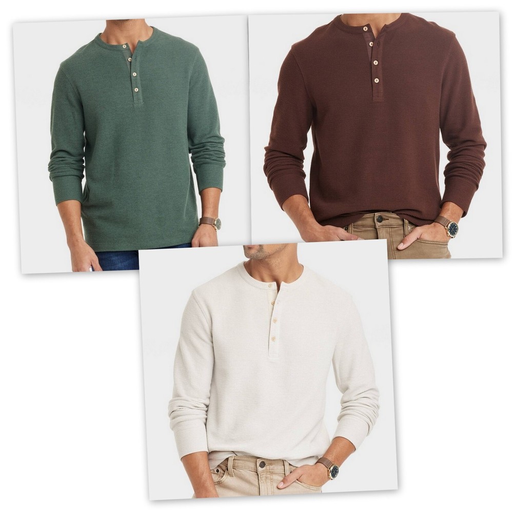 Long Sleeve Textured 4 Button HENLEY Shirts Goodfellow Tan / Brown / Green