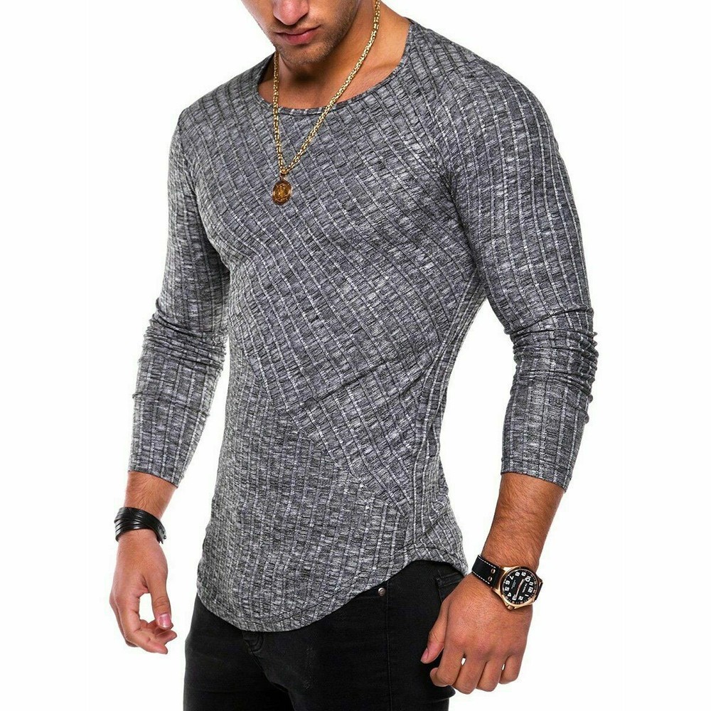 Men Casual Sport Round Neck Long Sleeve Slim Fit Top T-Shirt Muscle Gym Active