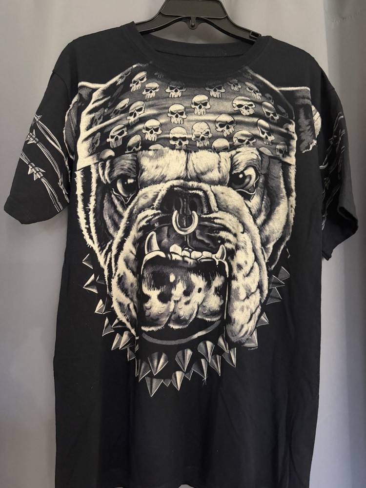 Liquid Blue Men’s M Black Cotton Bulldog Skull Graphic Crew Neck Tee