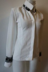 WOMENS CHRISTINA MAKOWSKY CREAM BLACK RHINESTONE COLLAR BLOUSE S *