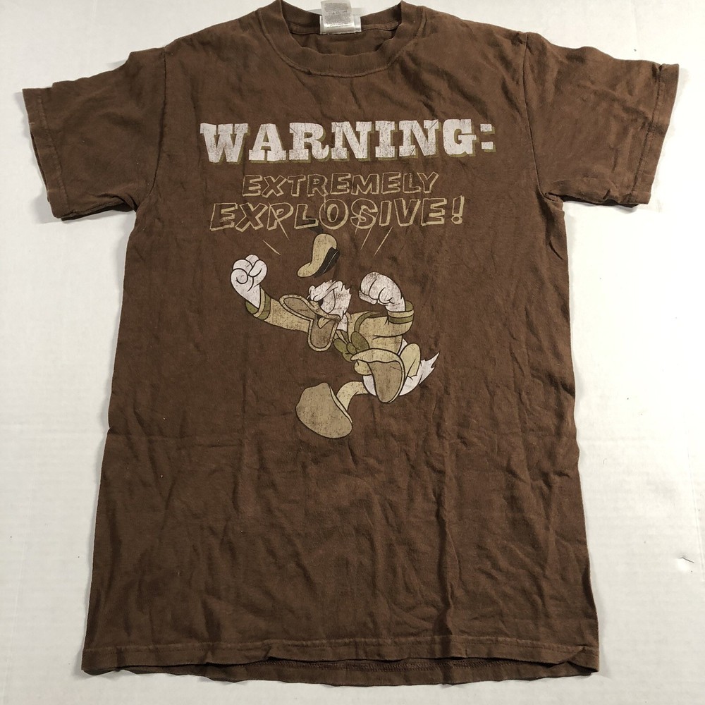 Disney World Warning Extremely Explosive Donald Duck Brown T-Shirt Sz S A940