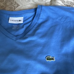 Lacoste Men’s Blue V-Neck Short Sleeve Regular Fit Logo Pima Cotton Tee L
