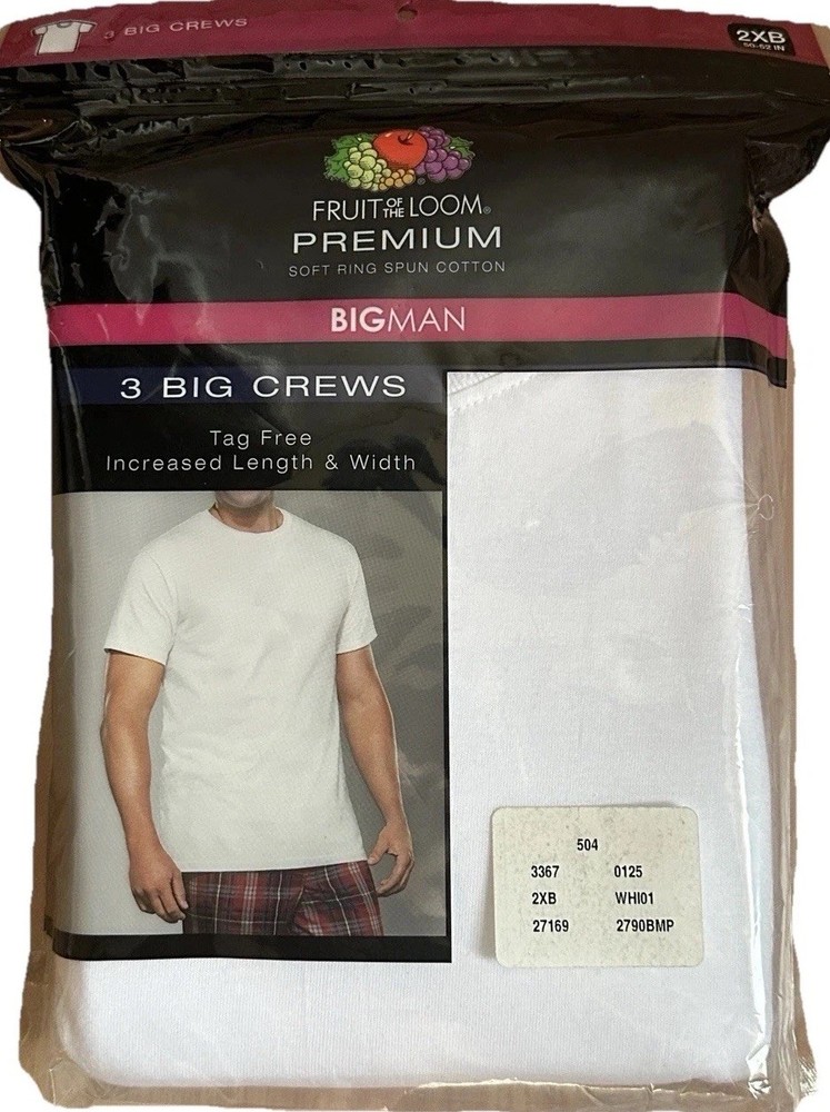 Fruit of the Loom Men’s BIGMAN Crew Neck T-Shirt 3-Pack DM3 White Size 2XB NEW
