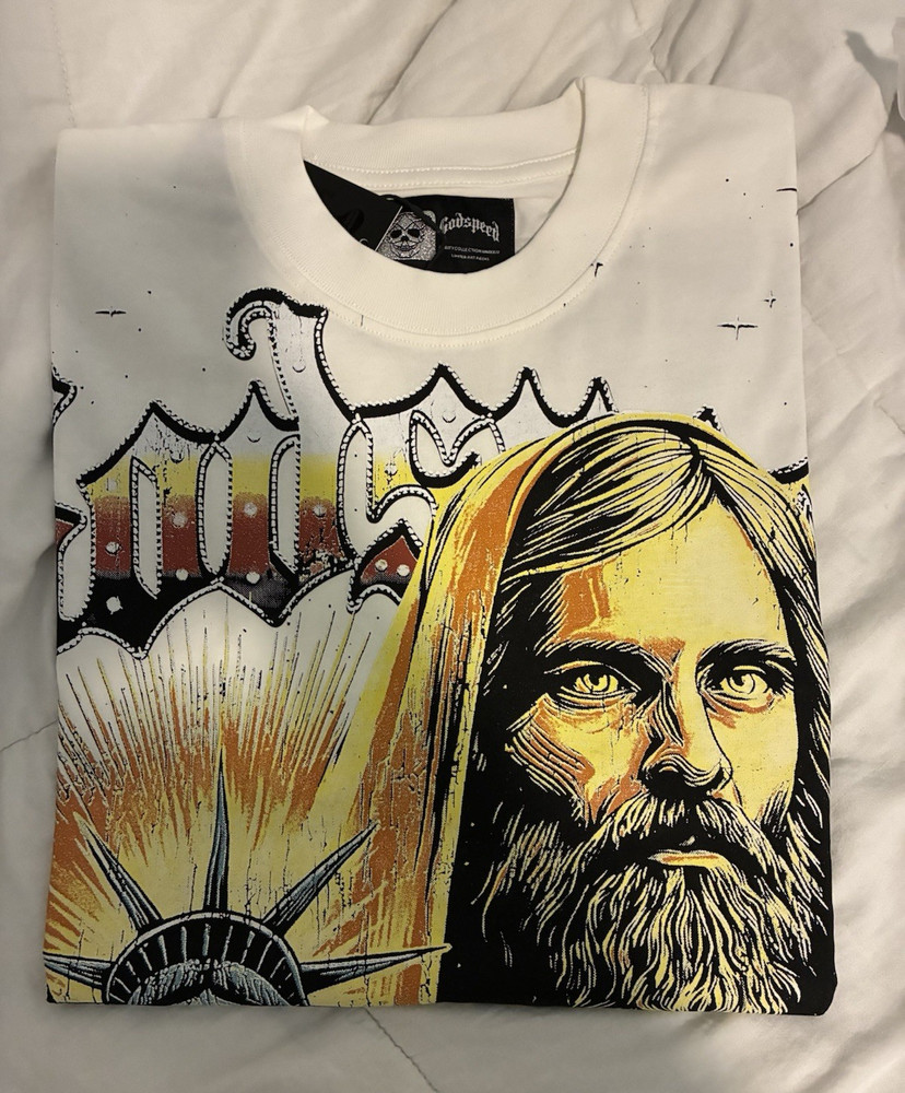 Godspeed Men’s White Graphic Print Crew Neck Short Sleeve T-Shirt XL
