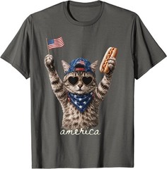 Retro Funny America Cat Hot Dog Lovers Patriotic US Flag T-Shirt