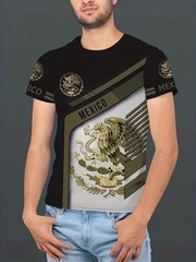 Mens Aztec Eagle Graphic T Shirt Gold Black Mexican Print Short Sleeve Tee