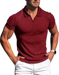 Mens Slim Fit Ribbed Knit Polo Shirt Short Sleeve V Neck Casual Muscle Tee Top