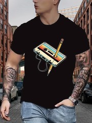 Men Retro Cassette Print T-Shirt – Casual Crew Neck, Slight Stretch, Summer Top√
